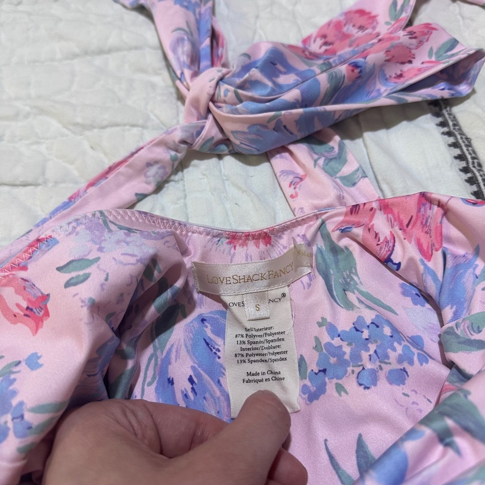LoveShackFancy One Piece Swimsuit Pink Floral Ruched Halter Small - Picture 2 of 3